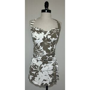 TOMMY BAHAMA Taupe White Print Tankini Swimsuit Skirted Halter Lined Womens M